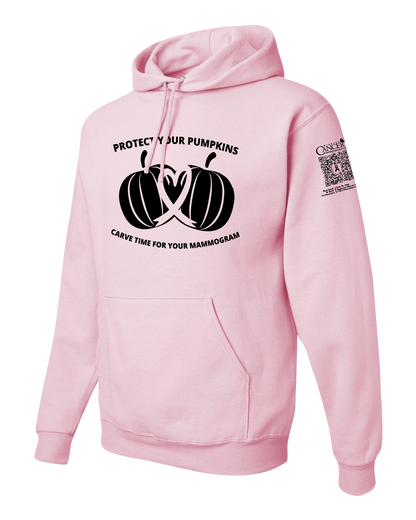 Light pink hoodie with black pumpkin design and text for protect your pumpkins and mammogram screening