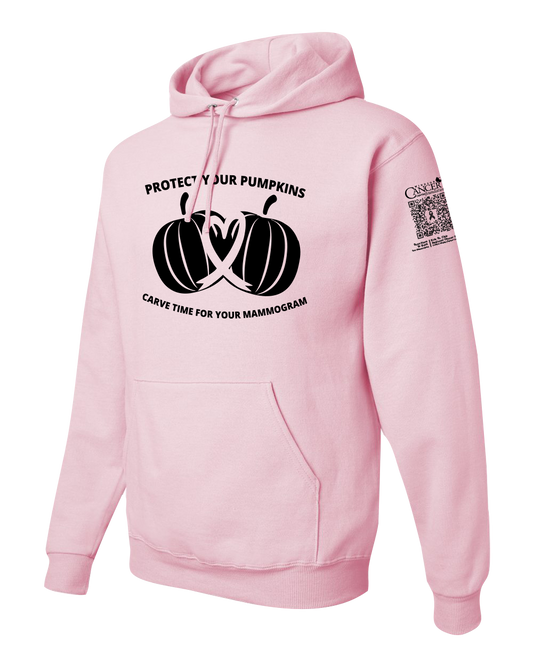 Light pink hoodie with black pumpkin design and text for protect your pumpkins and mammogram screening