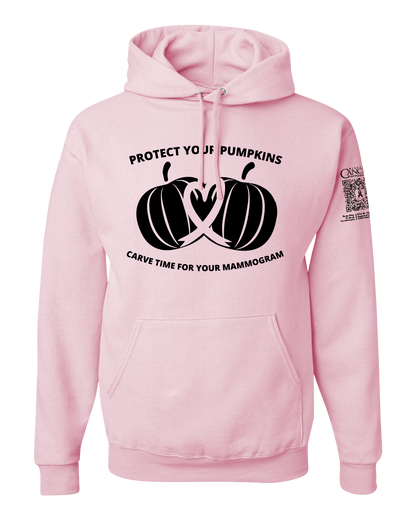 Light pink hoodie with black pumpkin design and text for protect your pumpkins and mammogram screening
