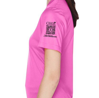 Pink v-neck fitted shirt with black pumpkin design and text for protect your pumpkins and mammogram screening