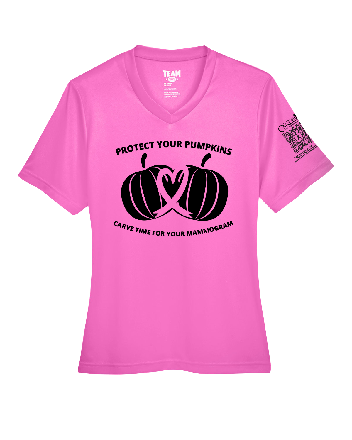 Pink v-neck fitted shirt with black pumpkin design and text for protect your pumpkins and mammogram screening