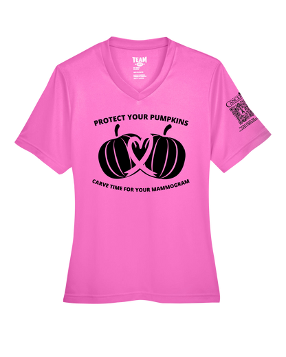 Pink v-neck fitted shirt with black pumpkin design and text for protect your pumpkins and mammogram screening