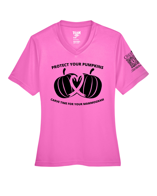 Pink v-neck fitted shirt with black pumpkin design and text for protect your pumpkins and mammogram screening