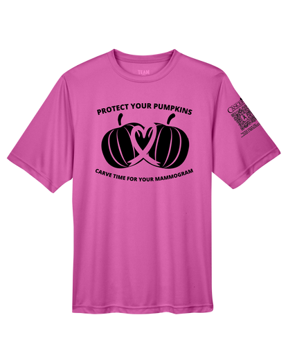 Pink crewneck t-shirt with black pumpkin design and text for protect your pumpkins and mammogram screening