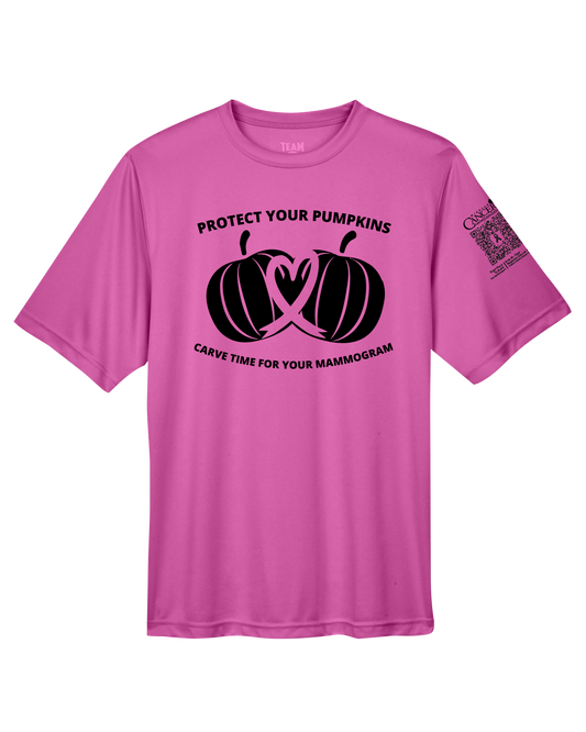 Pink crewneck t-shirt with black pumpkin design and text for protect your pumpkins and mammogram screening