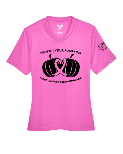 2025 Protect Your Pumpkins Mammogram Short Sleeve, V-Neck, Contoured Fit, Pink