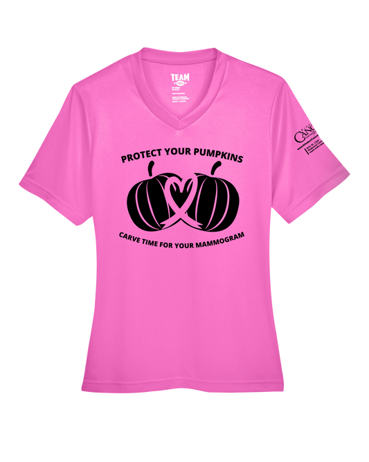 2025 Protect Your Pumpkins Mammogram Short Sleeve, V-Neck, Contoured Fit, Pink